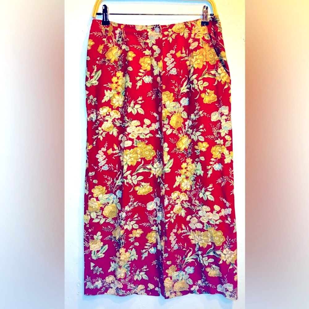 Orvis Vintage Linen Blend Midi Skirt Red, Yellow and Cream Floral Print Size 8